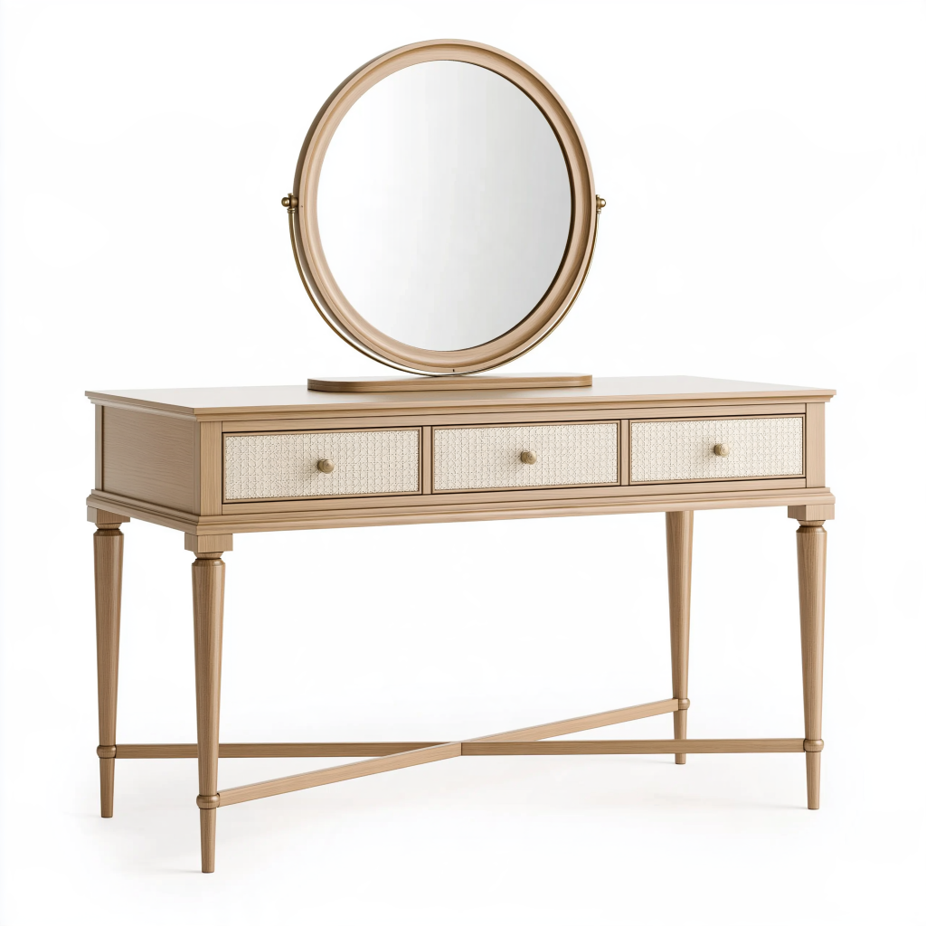 Ensemble coiffeuse 120 x 45 x 145 cm en bois beige avec miroir rond et 3 tiroirs style classique