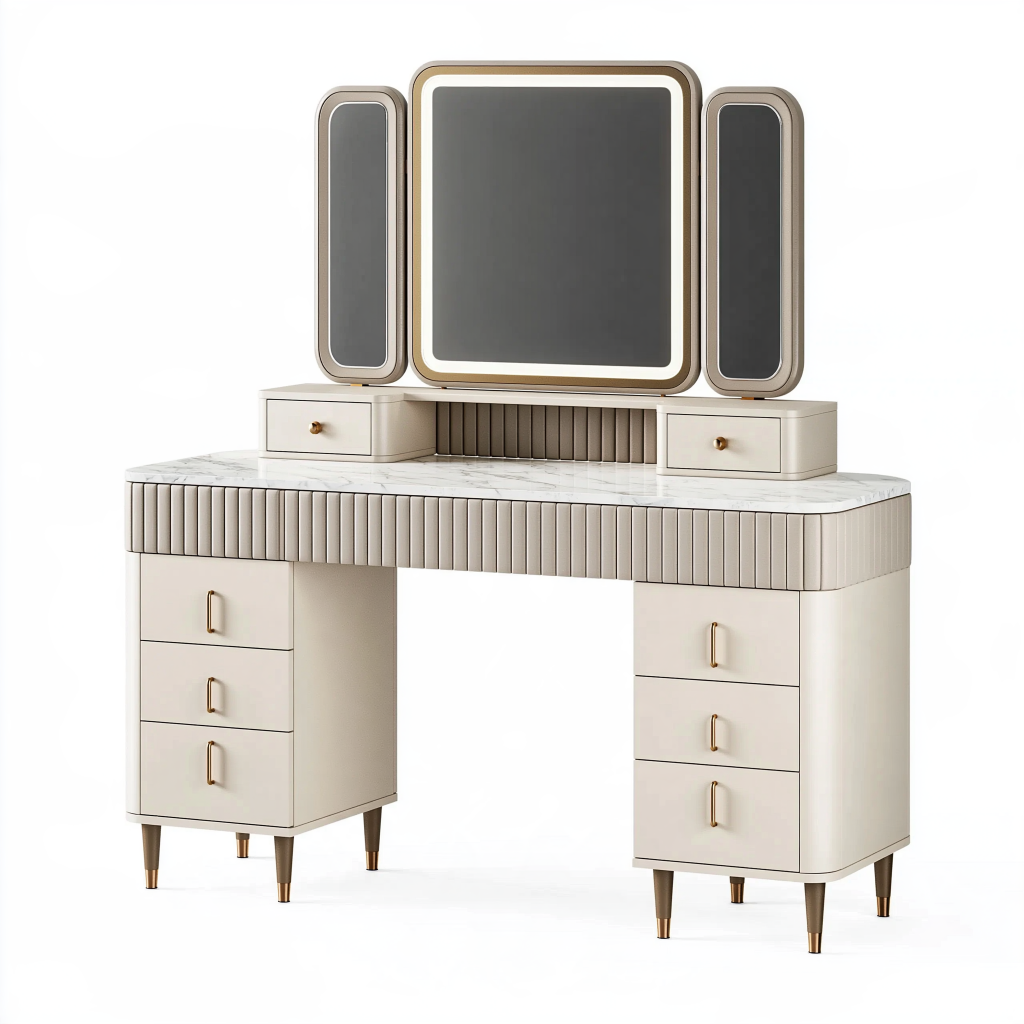Coiffeuse 150 x 45 x 150 cm beige en panneaux de bois avec miroirs et rangements style contemporain
