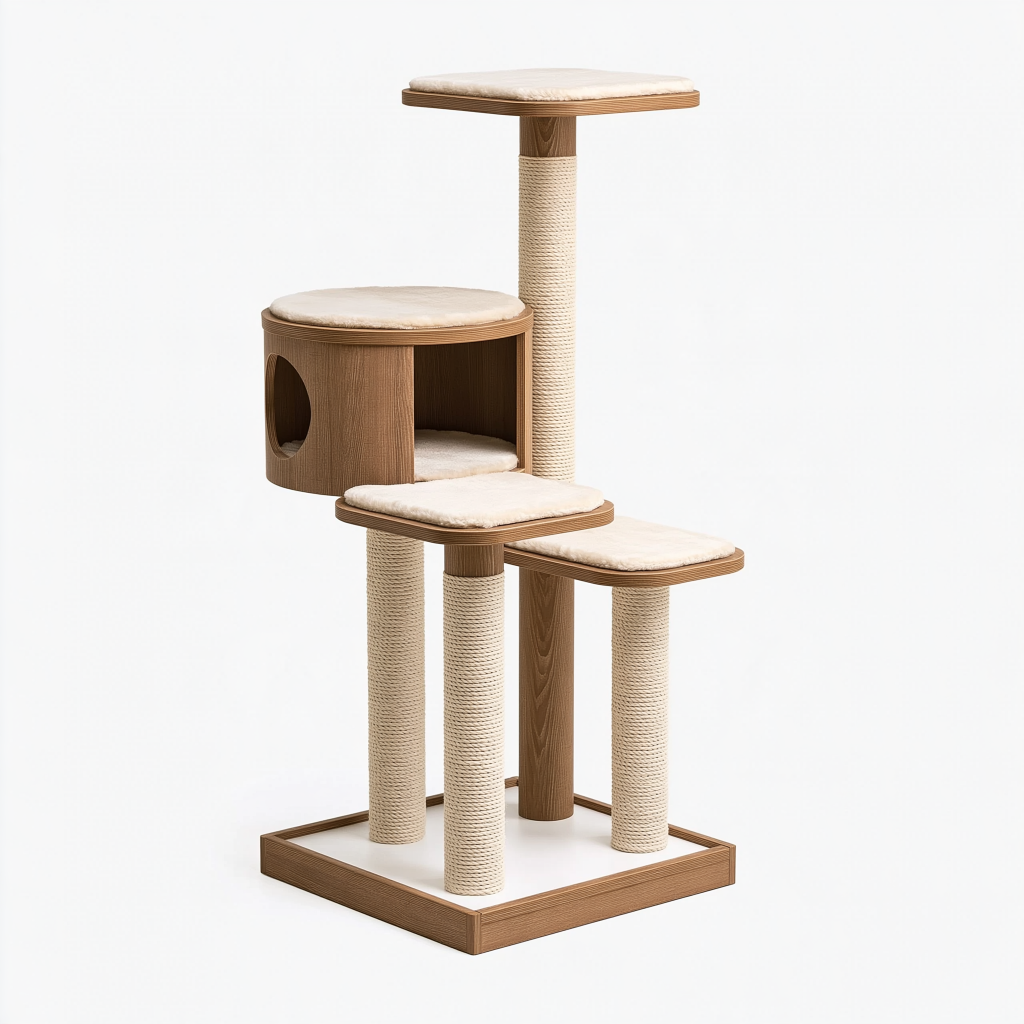 Arbre à chat 60 x 50 x 150 cm en sisal bois naturel et écru avec niches et plateformes