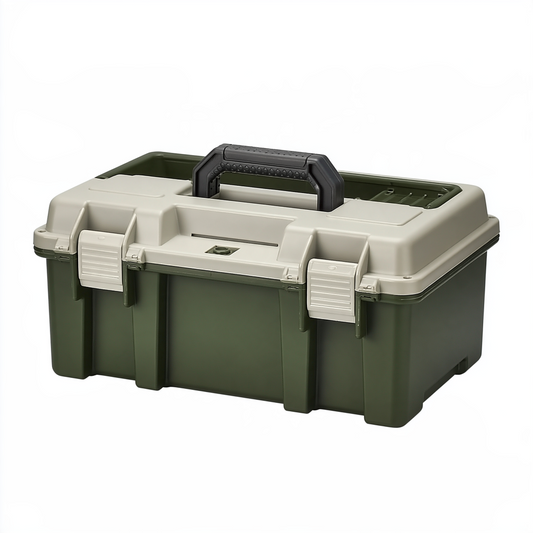 Boîte à outils 48 cm en plastique vert kaki et beige avec poignée de transport