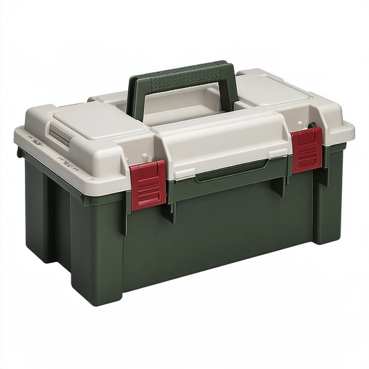 Boîte à outils 50 x 25 x 25 cm en plastique vert blanc rouge avec poignée et fermoirs