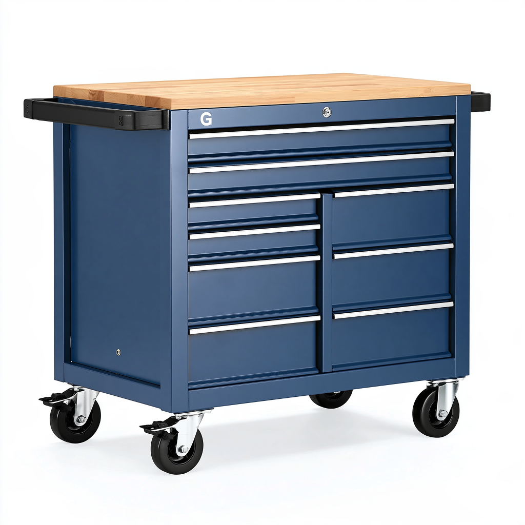 Servante d'atelier 115 cm en acier bleu avec plan de travail en bois et 8 tiroirs sur roulettes