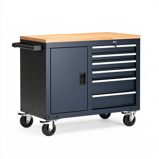 Établi roulant 100 x 50 x 85 cm en acier bleu foncé avec plateau en bois et rangement verrouillable