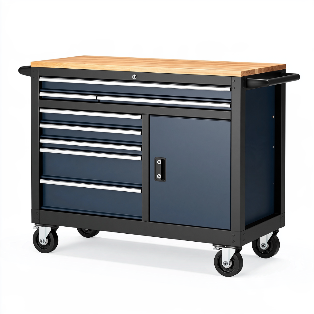 Servante d'atelier 110 x 50 x 95 cm en acier bleu noir avec plateau en bois à roulettes