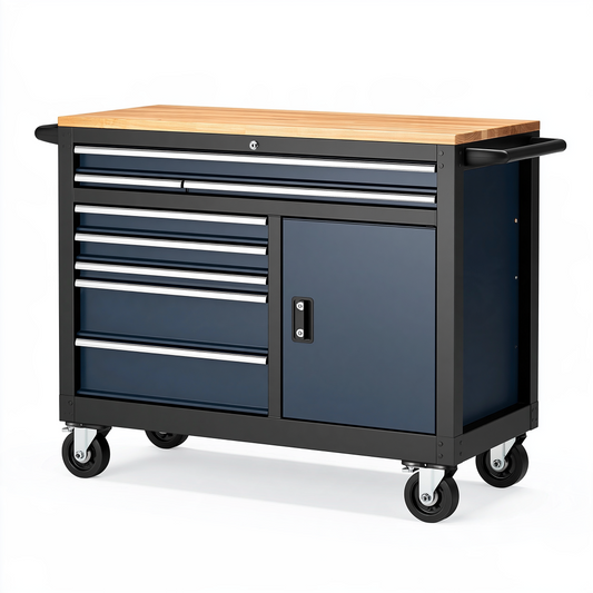 Servante d'atelier 110 x 50 x 95 cm en acier bleu noir avec plateau en bois à roulettes
