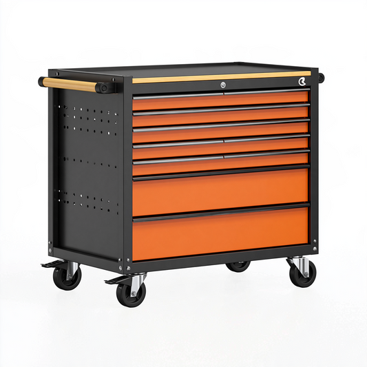 Servante d'atelier 77 x 46 x 97 cm en acier noir et orange à 7 tiroirs sur roulettes
