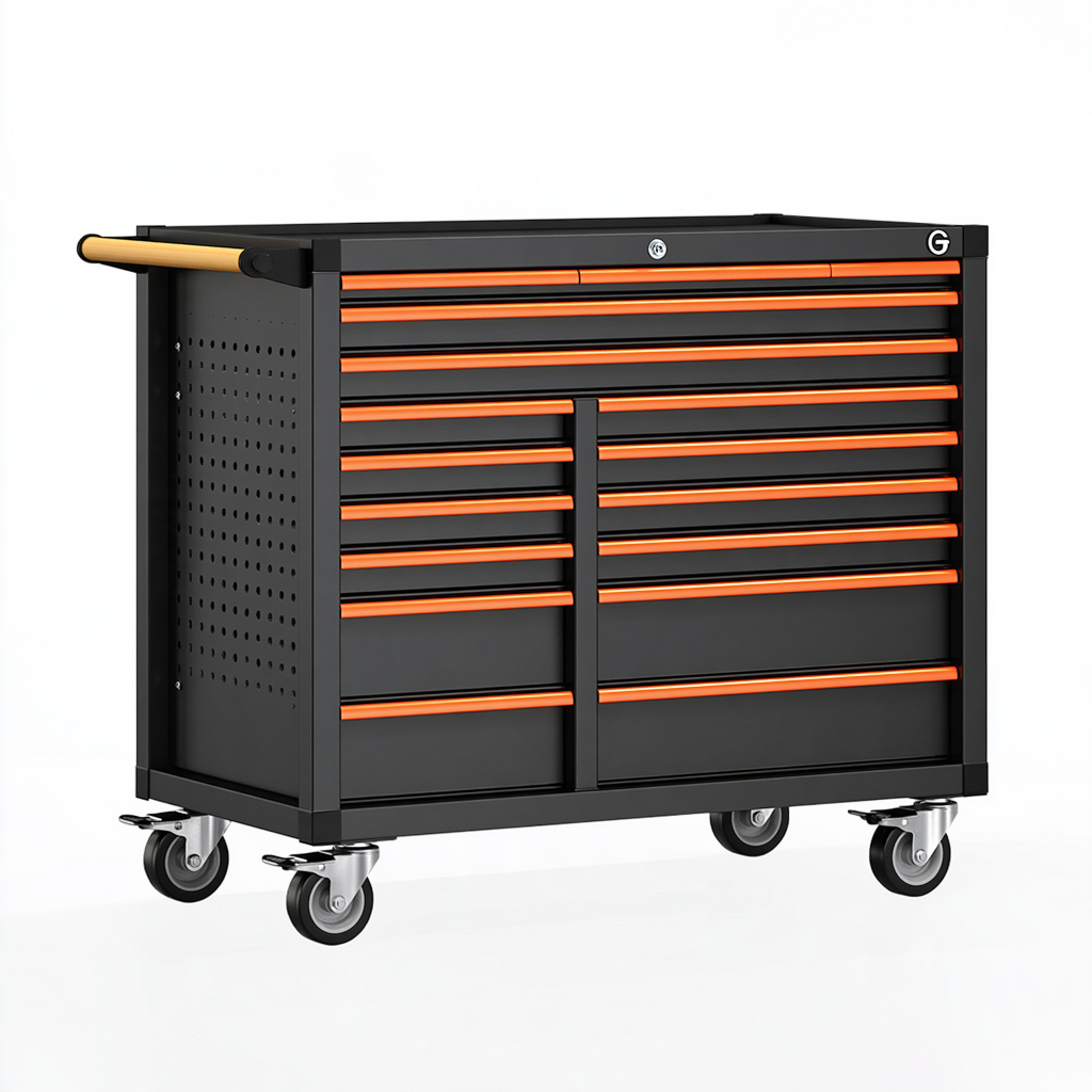 Servante d atelier 110 x 55 x 95 cm en acier noir et orange avec 14 tiroirs sur roulettes