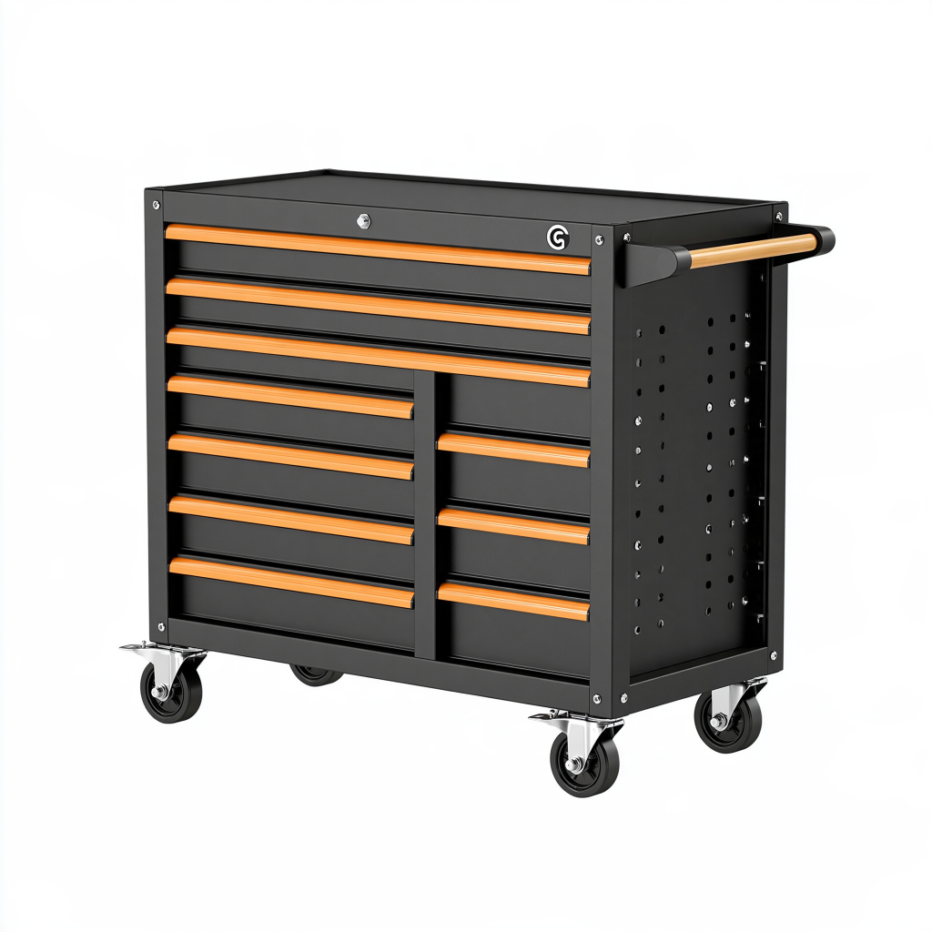 Servante d'atelier 100 x 50 x 95 cm en métal noir et orange à 10 tiroirs avec roulettes