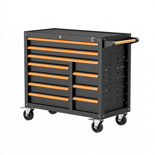 Servante d'atelier 100 x 50 x 95 cm en métal noir et orange à 10 tiroirs avec roulettes