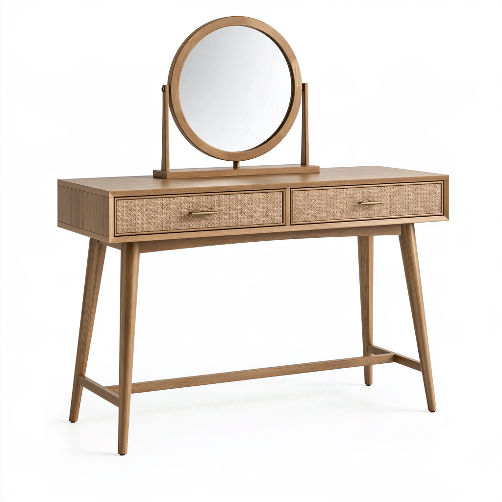 Coiffeuse 100 x 45 x 140 cm en bois naturel avec miroir rond et 2 tiroirs style scandinave