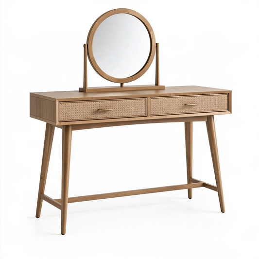Coiffeuse 100 x 45 x 140 cm en bois naturel avec miroir rond et 2 tiroirs style scandinave