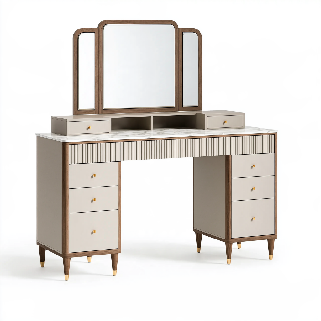 Coiffeuse 120 cm en panneaux effet bois beige noyer avec miroir triptyque et tiroirs style contemporain