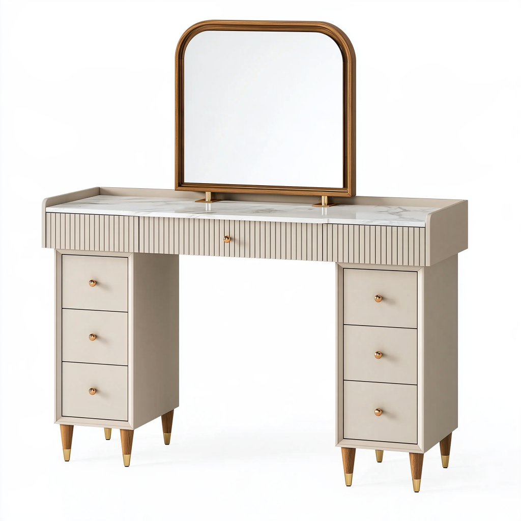 Coiffeuse avec miroir 120 x 50 x 150 cm beige panneaux de bois effet marbre rangement style contemporain