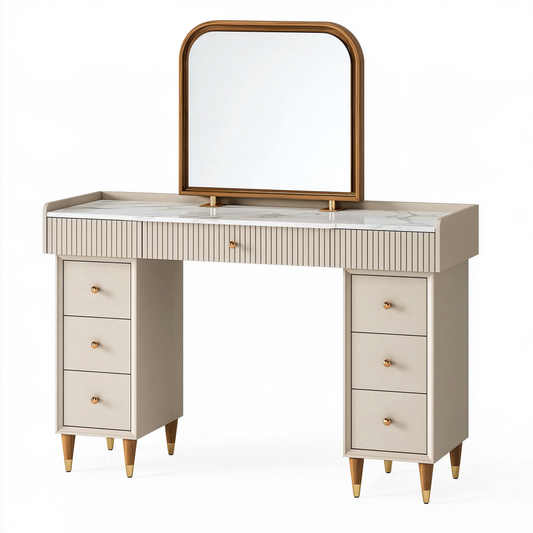 Coiffeuse avec miroir 120 x 50 x 150 cm beige panneaux de bois effet marbre rangement style contemporain