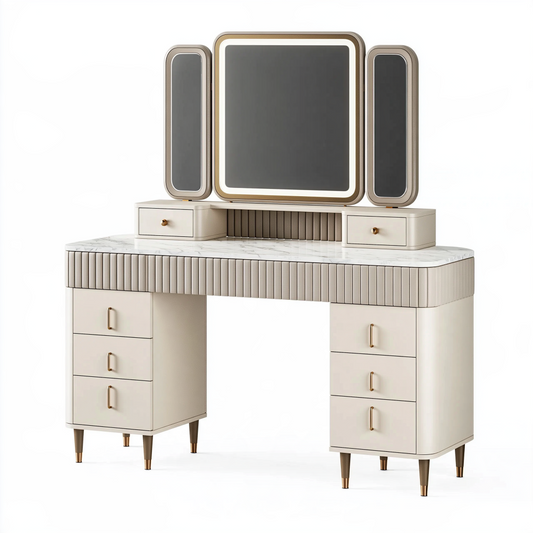 Coiffeuse 150 x 45 x 150 cm beige en panneaux de bois avec miroirs et rangements style contemporain