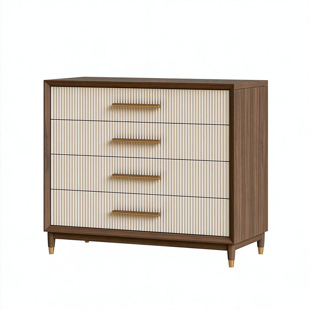 Commode 100 x 45 x 90 cm en panneaux de bois marron et crème à 4 tiroirs style contemporain