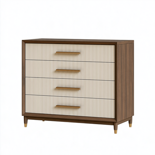 Commode 100 x 45 x 90 cm en panneaux de bois marron et crème à 4 tiroirs style contemporain