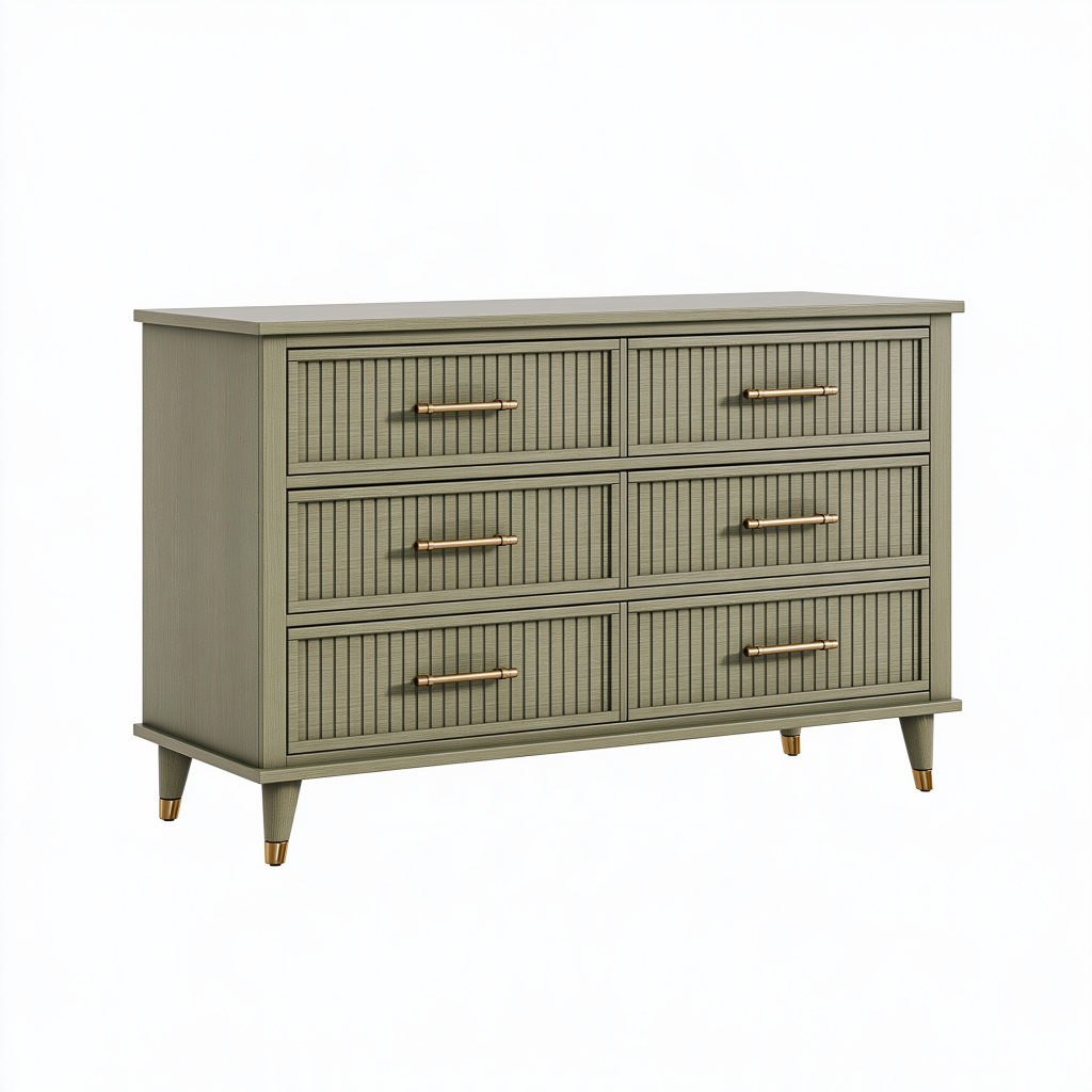 Commode 160 x 45 x 85 cm en bois vert kaki à 6 tiroirs style contemporain