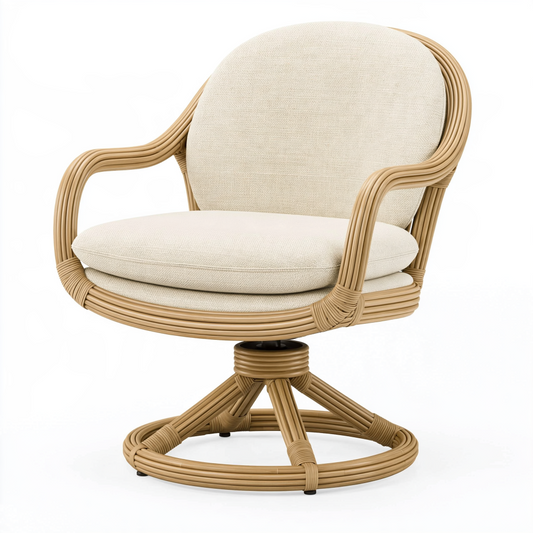 Fauteuil pivotant 80 x 75 x 98 cm en rotin naturel et tissu écru style bohème