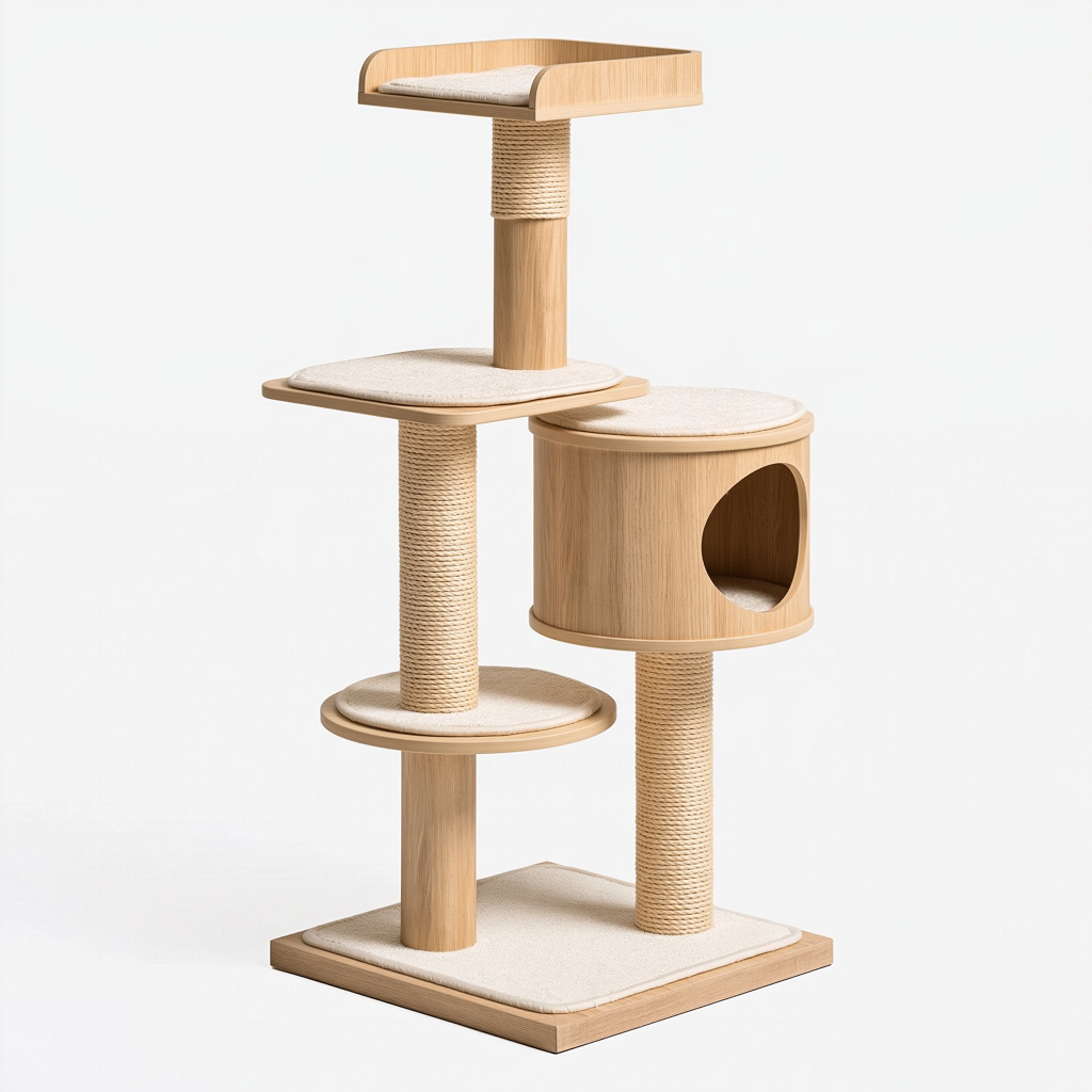 Arbre à chat 60 x 50 x 140 cm en bois beige avec poteaux en sisal - moderne à plateformes et niche