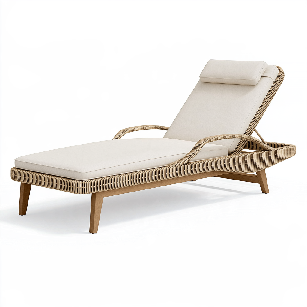 Chaise longue de jardin 200 x 75 cm en résine tressée beige avec structure en bois - dossier inclinable