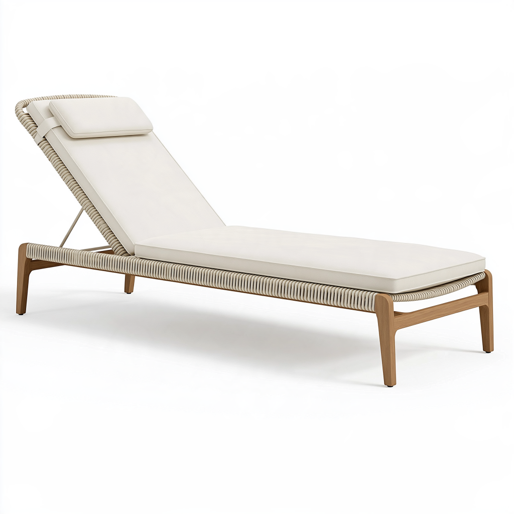 Chaise longue 200 x 70 cm en bois et corde tressée écru pour extérieur avec dossier réglable